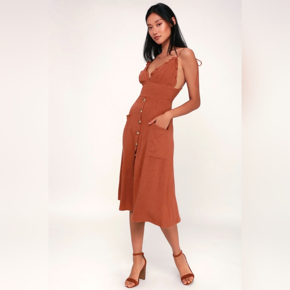 Lulus Lisbeth Rust Orange Button Front Linen Midi… - image 1